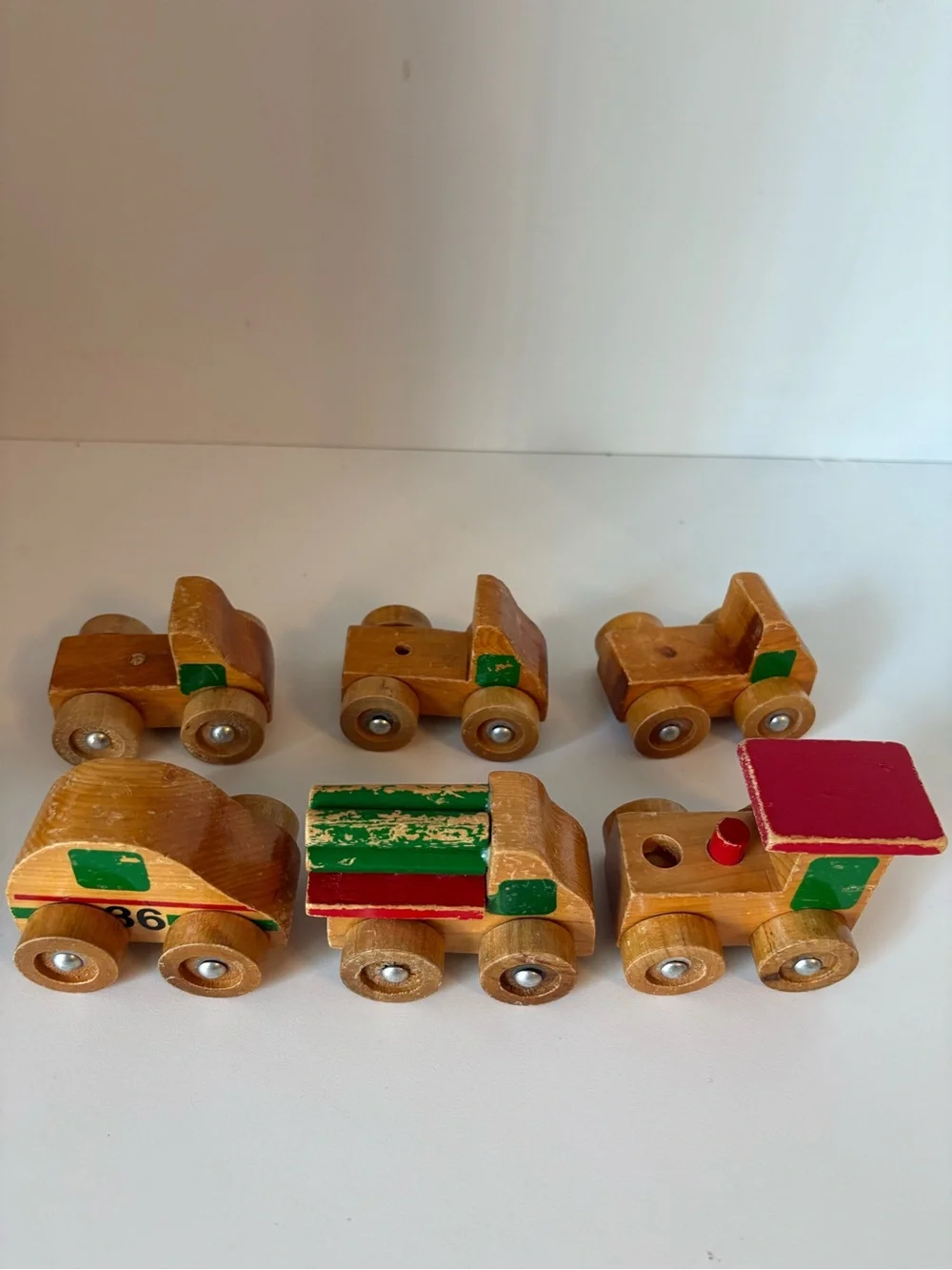 Vintage Handmade Wooden Toy Car Vehicle Set 7 Pieces Mid-Century